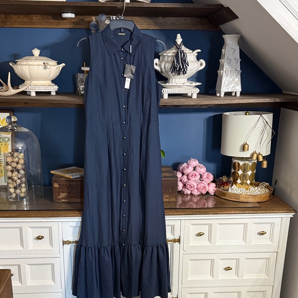 Elie Tahari Navy Blue Sleeveless Maxi Shirt Dress